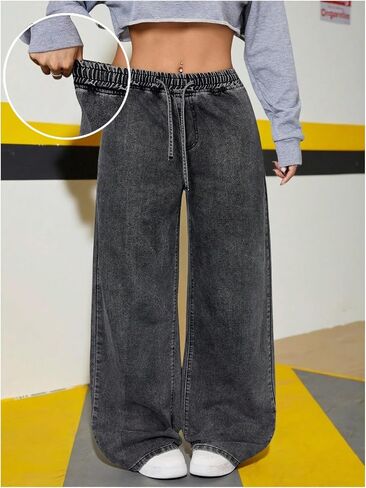 GORGLITTER Girl's Baggy Jeans Cute Elastic High Waisted Straight Wide Leg Denim Pants Bottoms Casual Streetwear Trousers in Kuwait