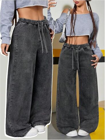 GORGLITTER Girl's Baggy Jeans Cute Elastic High Waisted Straight Wide Leg Denim Pants Bottoms Casual Streetwear Trousers in Kuwait