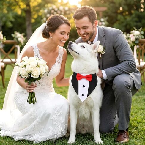 Formal Dog Tuxedo Collar with Bow Tie, Adjustable Wedding Bandana Collar Costume for Medium Large Dog, Black and White, Polyester, Size L: Neck 15-24.8 Inch in Saudi Arabia