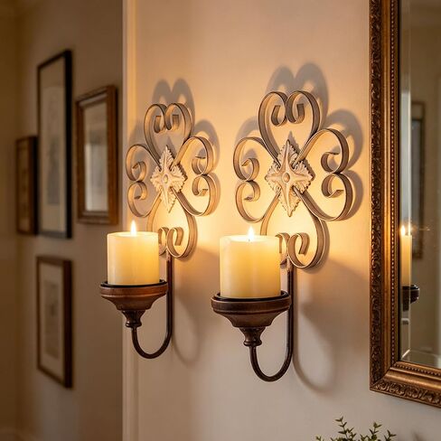Antique Wall Candle Sconces Set of Two, Wrought Iron Candle Wall Sconce, Rustic Wall Candle Holder Pillar, Farmhouse Metal Wall Decor for Living Room, Dining Room, Bathroom, Brown in Kuwait