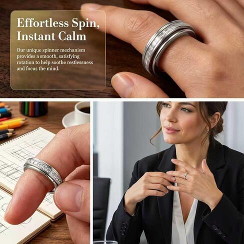 Anxiety Rings Titanium Steel Spinner Fidget Band Rings for Women, Cubic Zirconia Relieving Anxiety Wedding Promise Lucky Statement Rings Comfort Fit Size 5 to 11 in Saudi Arabia