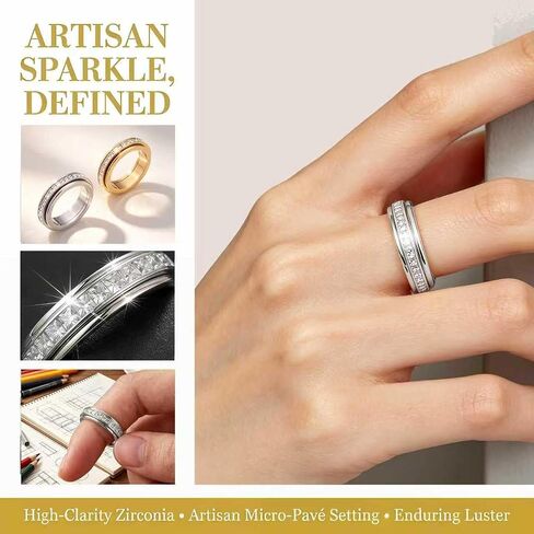 Anxiety Rings Titanium Steel Spinner Fidget Band Rings for Women, Cubic Zirconia Relieving Anxiety Wedding Promise Lucky Statement Rings Comfort Fit Size 5 to 11 in Saudi Arabia