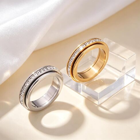 Anxiety Rings Titanium Steel Spinner Fidget Band Rings for Women, Cubic Zirconia Relieving Anxiety Wedding Promise Lucky Statement Rings Comfort Fit Size 5 to 11 in Saudi Arabia