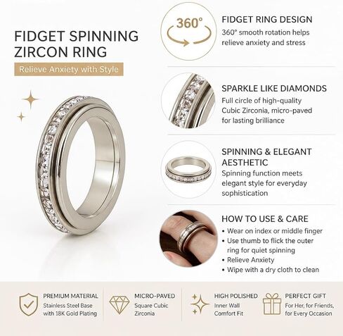 Anxiety Rings Titanium Steel Spinner Fidget Band Rings for Women, Cubic Zirconia Relieving Anxiety Wedding Promise Lucky Statement Rings Comfort Fit Size 5 to 11 in Saudi Arabia