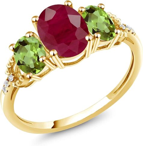 Gem Stone King 2.64 Cttw Oval Red Ruby Green Peridot and Diamond Accent Engagement Ring for Women | 10K Yellow Gold | Oval 8X6MM and 6X4MM | Wedding Anniversary Promise Ring For Women in Kuwait