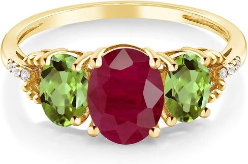 Gem Stone King 2.64 Cttw Oval Red Ruby Green Peridot and Diamond Accent Engagement Ring for Women | 10K Yellow Gold | Oval 8X6MM and 6X4MM | Wedding Anniversary Promise Ring For Women in Kuwait