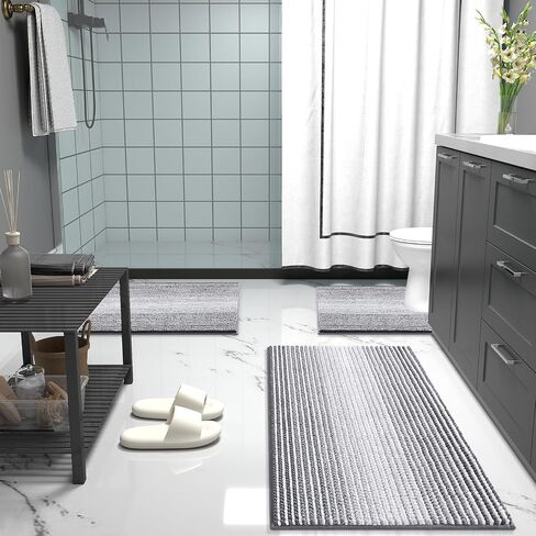 OLANLY Bathroom Rugs 30x20, Extra Soft Absorbent Chenille Striped Bath Rugs, Rubber Backing, Machine Wash Dry, Bath Mats for Bathroom Floor, Tub and Shower, Home Decor Accessories, Grey in Saudi Arabia