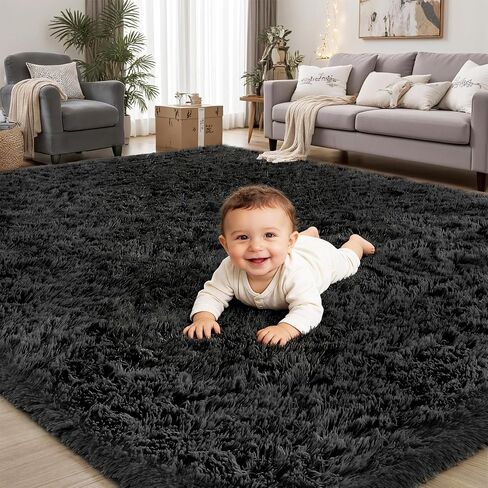 8x10 Area Rugs for Living Room Bedroom: Black Grey Soft Fluffy Shag Upgrade Non-Slip High Pile Carpet Large Fuzzy Plush Indoor Floor Decor Shaggy Rug for Kid Boys Girls Playroom Nursery Modern Home in Saudi Arabia