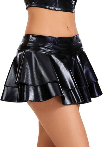 Women's Metallic Ruffle Skort - Shiny Mini Skirt with Built-in Shorts for Party, Club, Rave, Night Y2K Style in Saudi Arabia