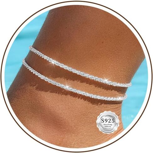 Sterling Silver Ankle Bracelets for Women 14K Gold Plated Waterproof Layered Sparkly Chain Rhinestone Stackable Large Adjustable Anklet Bracelet for Beach Summer Jewelry Gift in Kuwait