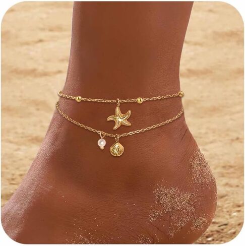 Gold Ankle Bracelets for Women, Waterproof Anklets Dainty Beach Anklet Adjustable Link Chain Cute Stainless Steel Anklets Summer Beach Shell Starfish Pearl Foot Jewelry Non Tarnish Lightweight in Kuwait