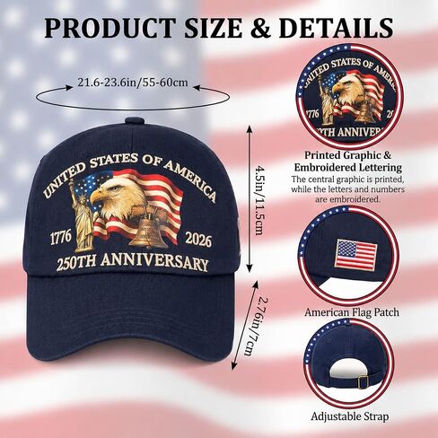 GoHere 250th Anniversary USA Hat - Adjustable America 250th Anniversary Embroidery&Patriotic Eagle Printed Baseball Caps in Saudi Arabia