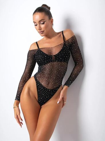 Long Sleeve Mesh Bodysuit Lingerie for Women — Sheer Body Suit, Rhinestone V-Neck, Lace Trim, Stretch in Saudi Arabia