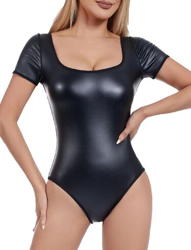 FEOYA Faux Leather Bodysuit Women Black Patent Leather Jumpsuit Lingerie Skinny Bodysuit Pvc Catsuit Cosplay Clubwear in Kuwait