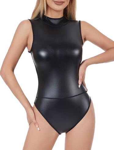 FEOYA Faux Leather Bodysuit Women Black Patent Leather Jumpsuit Lingerie Skinny Bodysuit Pvc Catsuit Cosplay Clubwear in Kuwait