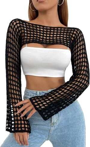 Womens Crochet Crop Tops Y2k Knit Shrug Sweater Hollow Out Long Sleeve Bikini See Through Cover Ups in Kuwait