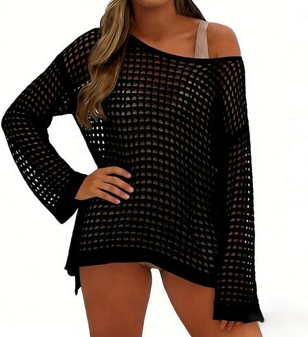 Womens Crochet Crop Tops Y2k Knit Shrug Sweater Hollow Out Long Sleeve Bikini See Through Cover Ups in Kuwait