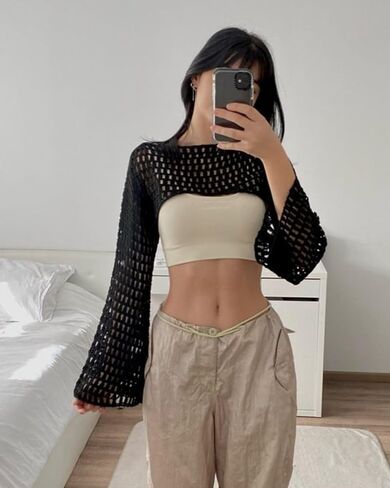 Womens Crochet Crop Tops Y2k Knit Shrug Sweater Hollow Out Long Sleeve Bikini See Through Cover Ups in Kuwait