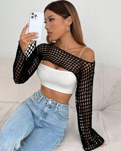 Womens Crochet Crop Tops Y2k Knit Shrug Sweater Hollow Out Long Sleeve Bikini See Through Cover Ups in Kuwait