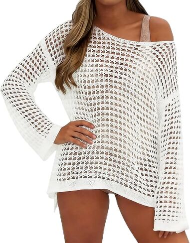 Womens Crochet Crop Tops Y2k Knit Shrug Sweater Hollow Out Long Sleeve Bikini See Through Cover Ups in Kuwait