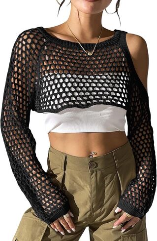 Womens Crochet Crop Tops Y2k Knit Shrug Sweater Hollow Out Long Sleeve Bikini See Through Cover Ups in Kuwait