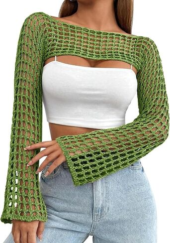 Womens Crochet Crop Tops Y2k Knit Shrug Sweater Hollow Out Long Sleeve Bikini See Through Cover Ups in Kuwait