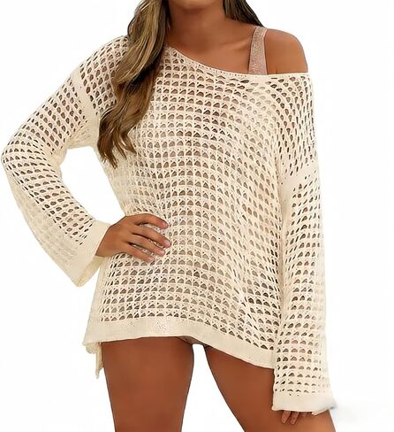 Womens Crochet Crop Tops Y2k Knit Shrug Sweater Hollow Out Long Sleeve Bikini See Through Cover Ups in Kuwait