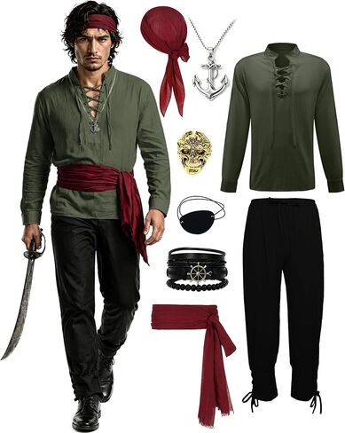 Men’s Pirate Costume Set, 8-Piece Renaissance Medieval Outfit with Shirt Pants Sash Accessories for Halloween Party Cosplay in Saudi Arabia