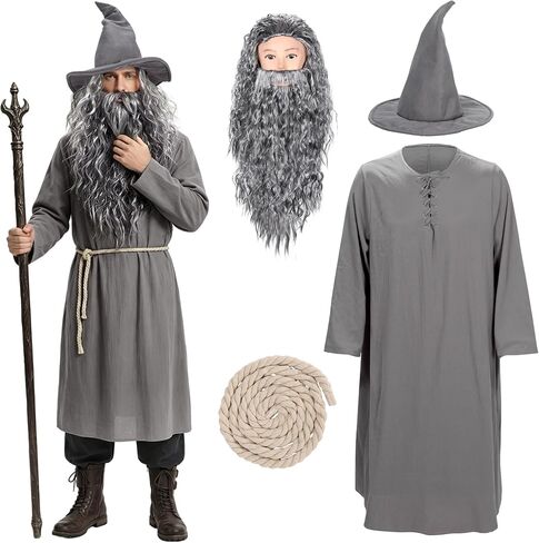 Forwe 5Pcs Wizard Costume for Adults, Grey Wizard Robe, Hat, Wig, Beard and Waist Rope, Halloween Cosplay Costumes For Men in Saudi Arabia