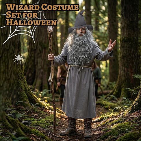 Forwe 5Pcs Wizard Costume for Adults, Grey Wizard Robe, Hat, Wig, Beard and Waist Rope, Halloween Cosplay Costumes For Men in Saudi Arabia