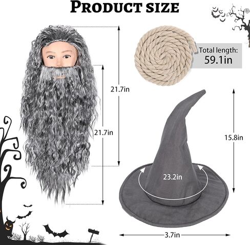Forwe 5Pcs Wizard Costume for Adults, Grey Wizard Robe, Hat, Wig, Beard and Waist Rope, Halloween Cosplay Costumes For Men in Saudi Arabia