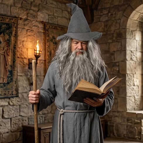 Forwe 5Pcs Wizard Costume for Adults, Grey Wizard Robe, Hat, Wig, Beard and Waist Rope, Halloween Cosplay Costumes For Men in Saudi Arabia