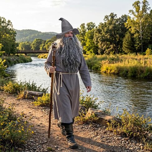 Forwe 5Pcs Wizard Costume for Adults, Grey Wizard Robe, Hat, Wig, Beard and Waist Rope, Halloween Cosplay Costumes For Men in Saudi Arabia