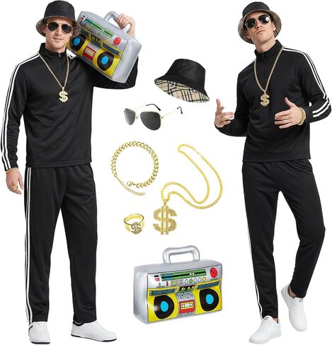 80s 90s Outfit for Men Tracksuit Costume,Hip Hop Outfit,8Pcs Retro Disco Themed Party Costume Track Suit Sportswear in Saudi Arabia