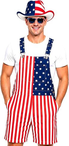 BobbleT Mens American Flag Overall Shorts with Hat Sunglasses Patriotic 4th of July Outfit Costume for Parade Party in Saudi Arabia