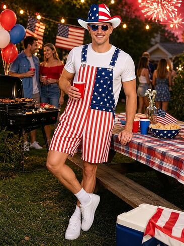 BobbleT Mens American Flag Overall Shorts with Hat Sunglasses Patriotic 4th of July Outfit Costume for Parade Party in Saudi Arabia