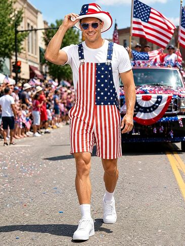 BobbleT Mens American Flag Overall Shorts with Hat Sunglasses Patriotic 4th of July Outfit Costume for Parade Party in Saudi Arabia