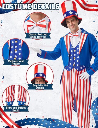 Uncle Sam Costume Adult Men American 9PCS Deluxe Independence Day Suit 4th of July Outfits Patriotic Cosplay in Saudi Arabia