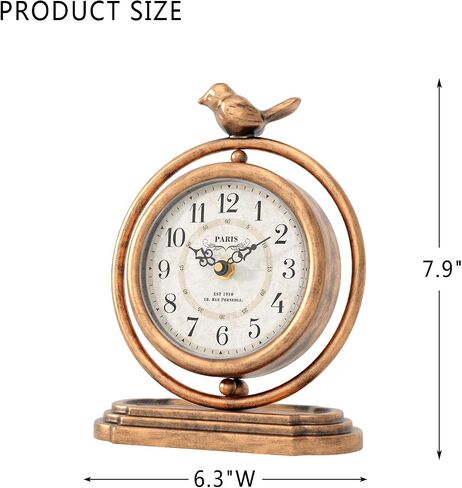 Gold Vintage Table Clock with Bird, European Retro Style Mantel Clocks, Desk and Shelf Decor Clock, for Living Room, Farmhouse, Bedside, Bedroom, Gift (7.9" H x 6.3" W) in Saudi Arabia