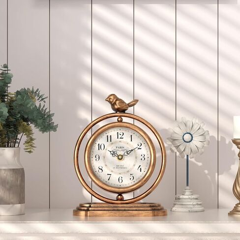 Gold Vintage Table Clock with Bird, European Retro Style Mantel Clocks, Desk and Shelf Decor Clock, for Living Room, Farmhouse, Bedside, Bedroom, Gift (7.9" H x 6.3" W) in Saudi Arabia
