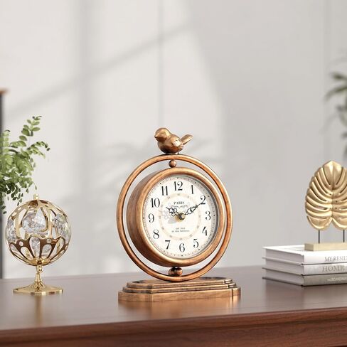 Gold Vintage Table Clock with Bird, European Retro Style Mantel Clocks, Desk and Shelf Decor Clock, for Living Room, Farmhouse, Bedside, Bedroom, Gift (7.9" H x 6.3" W) in Saudi Arabia