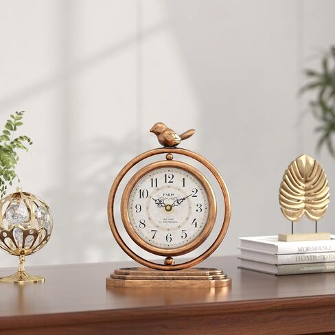 Gold Vintage Table Clock with Bird, European Retro Style Mantel Clocks, Desk and Shelf Decor Clock, for Living Room, Farmhouse, Bedside, Bedroom, Gift (7.9" H x 6.3" W) in Saudi Arabia