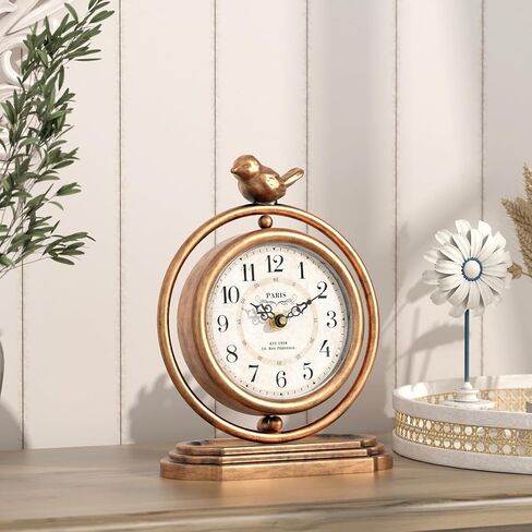 Gold Vintage Table Clock with Bird, European Retro Style Mantel Clocks, Desk and Shelf Decor Clock, for Living Room, Farmhouse, Bedside, Bedroom, Gift (7.9" H x 6.3" W) in Saudi Arabia