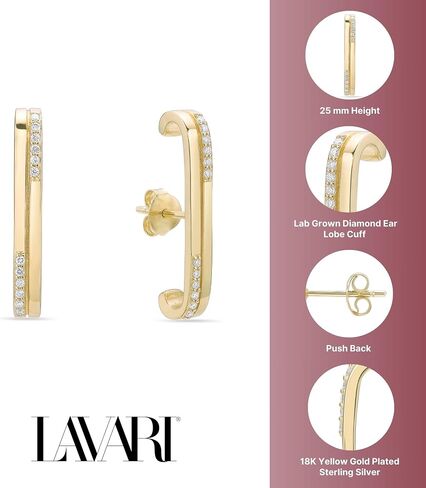 أقراط Lavari Jewellers 1/6 قيراط من الألماس على شكل شحمة الأذن للنساء - أقراط من الفضة الإسترلينية عيار 18 قيراط مطلية بالذهب الأصفر عيار 18 قيراط مقاس 12.4 مم لها - أقراط مضادة للحساسية - تصميم عصري in Kuwait
