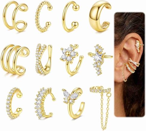 12PCS 14K Gold Plated Ear Cuff Earrings for Women Non Piercing Adjustable Ears Clip on Cartilage Earring Stack Dainty Fake Piercings Non Tarnish Helix Wrap Earrings Set Trendy Jewelry in Kuwait