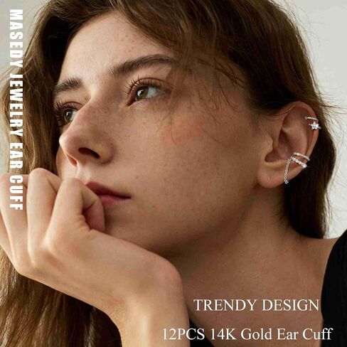 12PCS 14K Gold Plated Ear Cuff Earrings for Women Non Piercing Adjustable Ears Clip on Cartilage Earring Stack Dainty Fake Piercings Non Tarnish Helix Wrap Earrings Set Trendy Jewelry in Kuwait