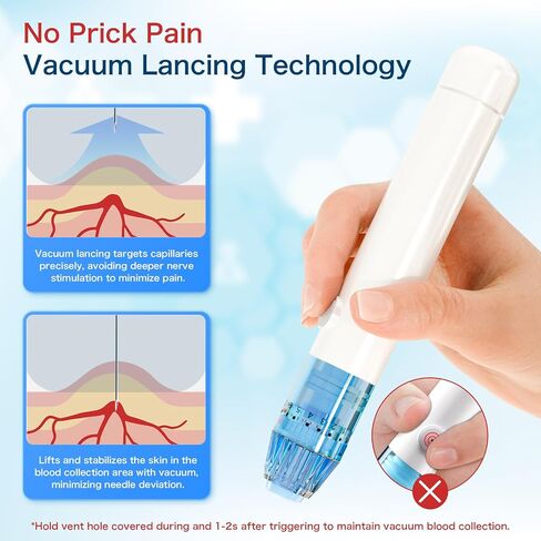 No-Pain Lancing Device with Gentle Suction, 12 Adjustable Depth Settings, 3 Silicone Cushions & 10 Lancets, Vacuum-Assisted Lancet Pen for Blood Sampling, Compatible with Most Standard Lancets in Kuwait