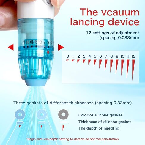 No-Pain Lancing Device with Gentle Suction, 12 Adjustable Depth Settings, 3 Silicone Cushions & 10 Lancets, Vacuum-Assisted Lancet Pen for Blood Sampling, Compatible with Most Standard Lancets in Kuwait