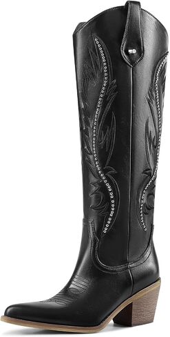 Cowboy Boots for Women Cowgirl Studded Knee High Pointed Toe with Chunky Heel Western Embroidered for Daily Outfits Party Country Concert Wedding Dancing in Saudi Arabia