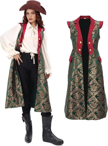 Renaissance Pirate Green Long Vest, Jacquard Fabric Surcoat, Medieval Cosplay Costume for Women in Saudi Arabia
